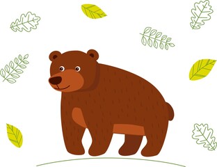 Cute cartoon bear in the forest on a white background. Element for print, postcard, and decor. Vector illustration