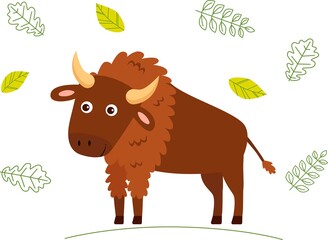 Cute cartoon bison on a white background. Element for print, postcard, and decor. Vector illustration © Irina