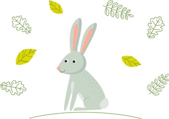 Cute cartoon hare in forest on a white backgrount. Element for print, postcard and decor. Vector illustration