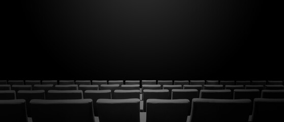 Cinema movie theatre with seats rows and a black background. Horizontal banner