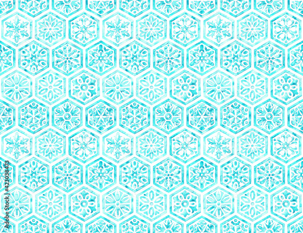 Wall mural White and mint watercolor seamless pattern. Hexagonal tile drawn with a brush on paper. Print for textiles.