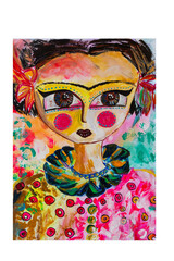 woman's face in acrylic, abstract art, vivid colors, female with big eyes, clown, acrylic, gil