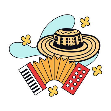 Vueltiao hat and accordion. Colombian Vallenata culture - Vector