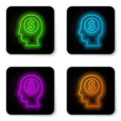 Glowing neon line Business man planning mind icon isolated on white background. Human head with dollar. Idea to earn money. Business investment growth. Black square button. Vector