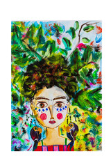 woman's face in acrylic, abstract art, vivid colors, female with big eyes