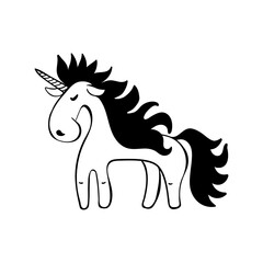 Isolated Unicorn on white background. Black and white myth animal. Kid t-shirt design element.