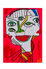 woman's face in acrylic, abstract art, vivid colors, female with big eyes