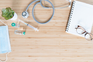 Flat lay top view, laboratory analyzing for testing and invent drug and vaccine during virus infection outbreak situation