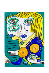 painting of a woman's face in acrylic, abstract art, vivid colors