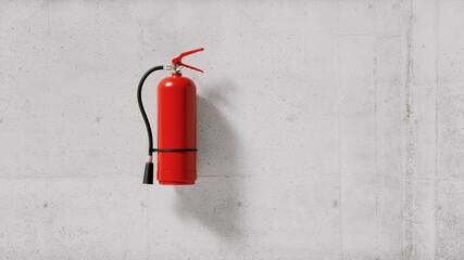 Red fire extinguisher isolated on a concrete wall of a building, minimal protection concept, fire...