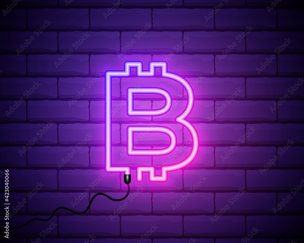 Poster glowing neon cryptocurrency coin bitcoin icon on brick wall background. bitcoin for internet money. 