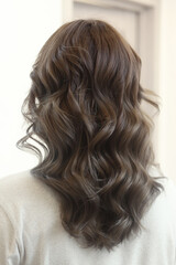light brown long curly loose hair closeup photo in hair salon back view