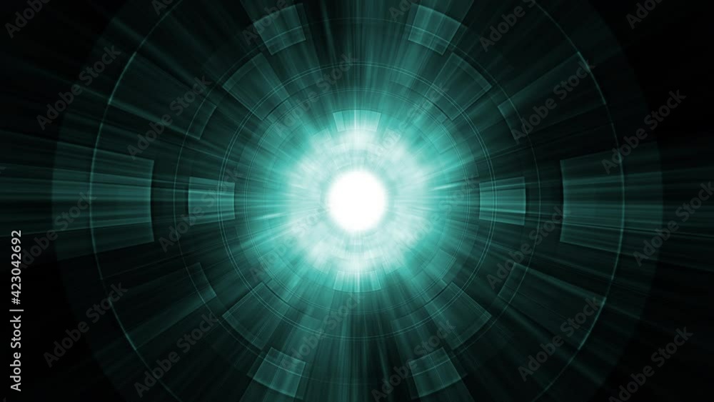 Poster rotation of glowing green blue flare circle technology on black background. 4k 3d rendering seamless