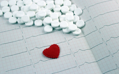 White round pills and a red heart on the background of an electrocardiogram. ECG result, medical examination of the heart