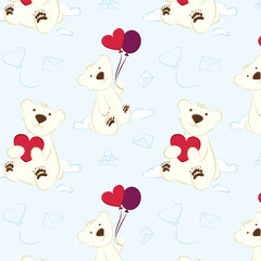 Seamless pattern of cute polar bears, valentine's polar bears, polar cubs, birthday pattern, baby shower pattern - Gift wrapping, Textile design