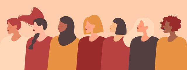 Different ethnicity women: African, Asian, Chinese, European, Latin American, Arab. Vector banner with women of different nationalities and cultures. Women's struggle for freedom, equality.