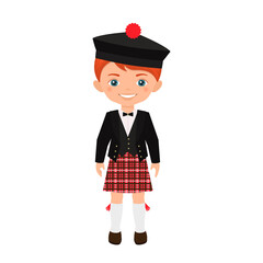 Cute boy character in Scottish suit isolated on white background. Cartoon flat style