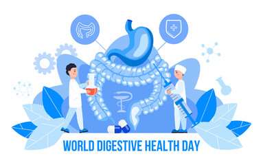 World digestive day is celebrated in 29 May. Intestine probiotic bacteria, lactobacillus info-graphic illustration vector. Tiny doctors treat stomach