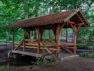 wooden roofed bridge in the forest