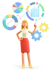 3D illustration of standing beautiful blonde woman pointing finger at business icons, charts, diagrams and infographics. Cute smiling attractive businesswoman in red skirt, isolated on white.