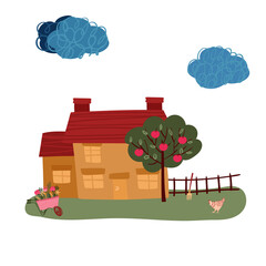 House with chimney in Village. Villa with apple tree and chicken in valley. Summer time in farm. Cottage in country . Sky, farmhouse and wheelbarrow next to.