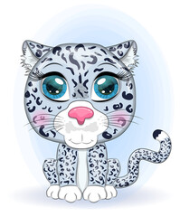 Cartoon snow leopard with expressive eyes among flowers, hearts, decorative elements. Wild animals, character, childish cute style.