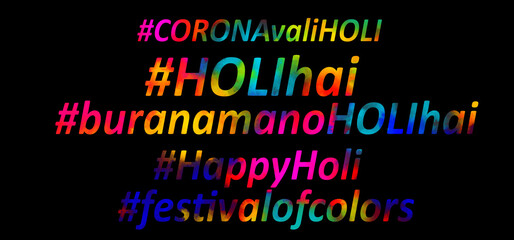 Fototapeta na wymiar holi greetings in hash tags in colorful smoke background isolated in black