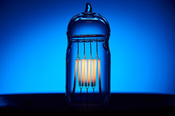 Electric vintage Edison light bulb with a spiral on a blue background. Retro style lamp