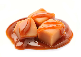 Caramel candy with caramel topping on white backgrounds