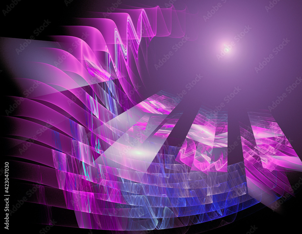 Poster purple patterned rays and waves radiate from the illuminated spot. colorful abstract background. 3d 