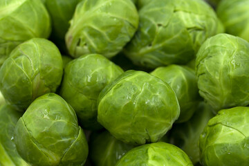 Fresh brussels sprouts close up. Organic product. Juicy, crispy cabbage.