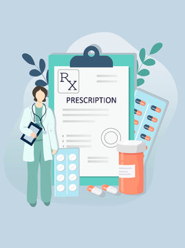 vector hand drawn illustration - prescription for medicines , doctor and jars and blisters with pills. picture on the topic of medicine and pharmacology. flat illustration for magazines, web and apps