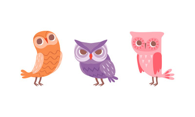 Funny Owlet with Big Eyes as Comic Nocturnal Bird Vector Set