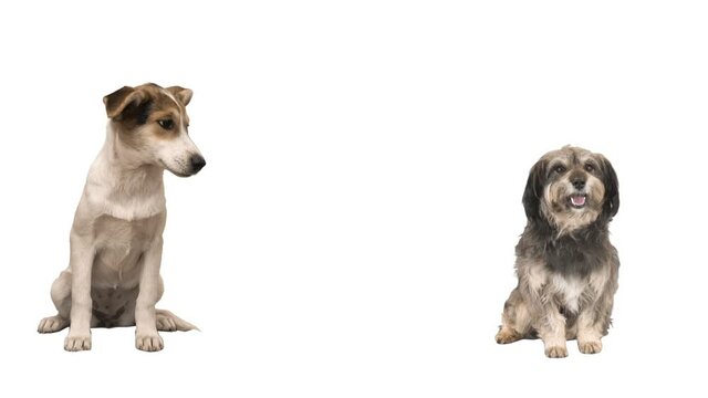 two mongrel dogs on a white background
