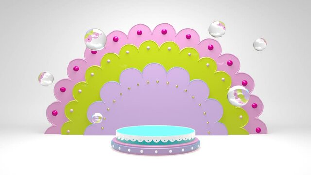 3D product display podium looping animation. Flower shaped, pastel colors, rotating elements and clear bubbles. White studio background.
