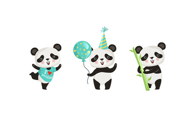 Happy Little Panda Holding Bamboo Stick and Toy Balloon Vector Set