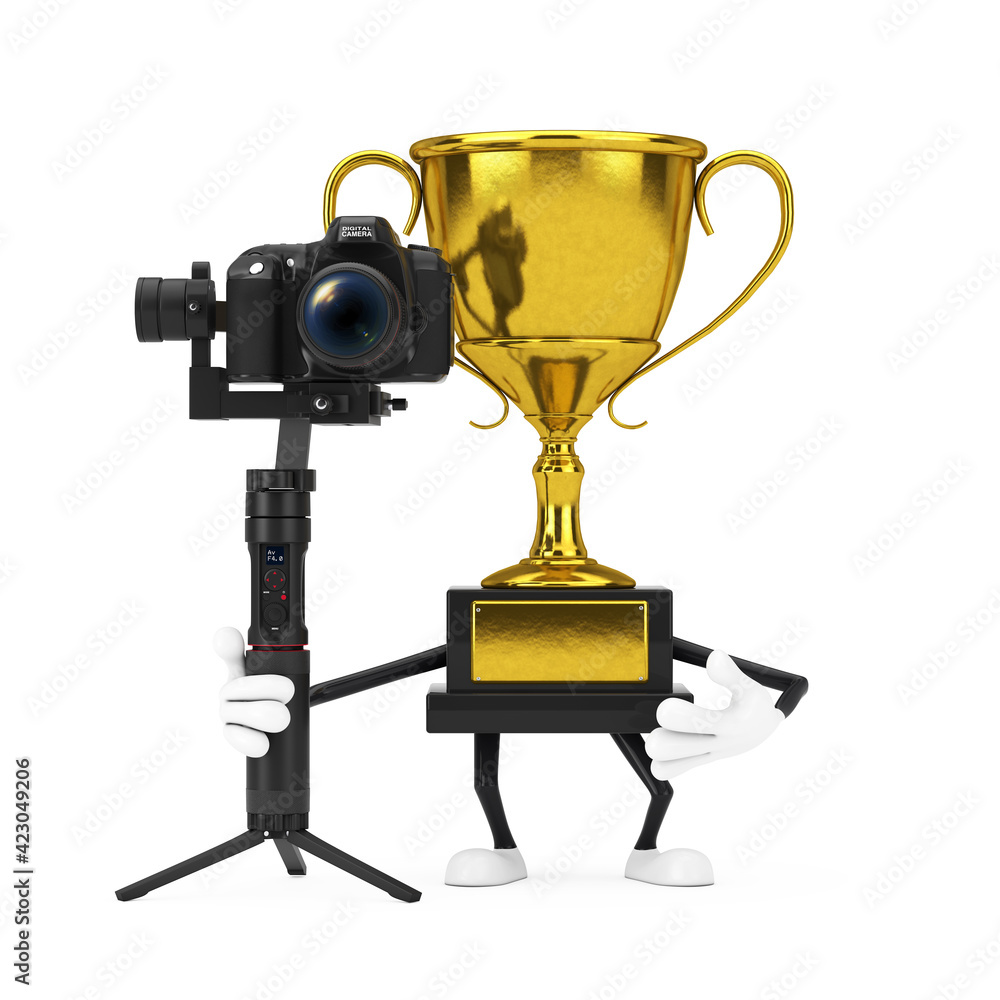 Poster golden award winner trophy mascot person character with dslr or video camera gimbal stabilization tr