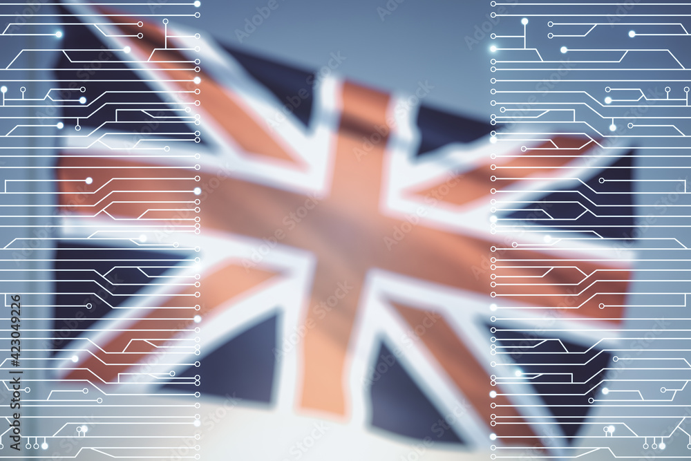 Poster abstract virtual microscheme illustration on flag of great britain and sunset sky background. big da