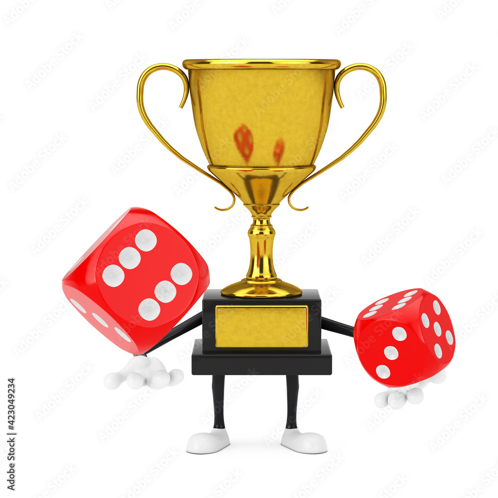 Poster Golden Award Winner Trophy Mascot Person Character and Empty White Blank Banner with Red Game Dice Cubes in Flight. 3d Rendering