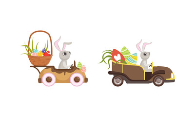 Cute Hare with Long Ears Driving Retro Car Carrying olored Easter Eggs Vector Set