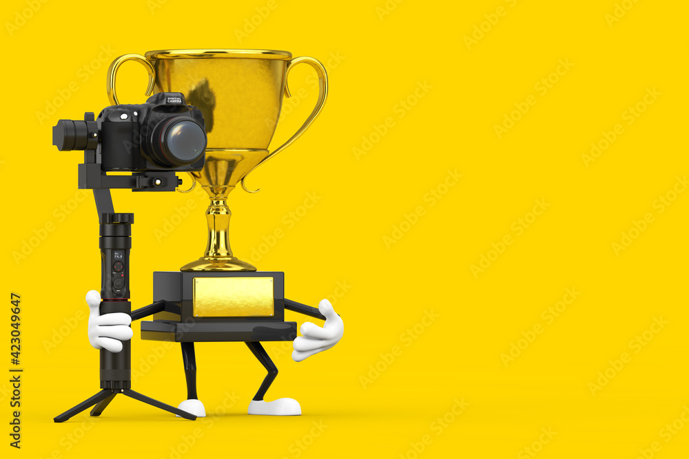Poster golden award winner trophy mascot person character with dslr or video camera gimbal stabilization tr