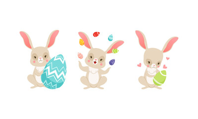 Cute Easter Bunny Juggling with Eggs and Holding Vector Set