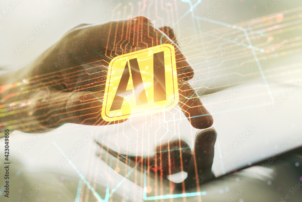 Poster double exposure of creative artificial intelligence icon with finger clicks on a digital tablet on b