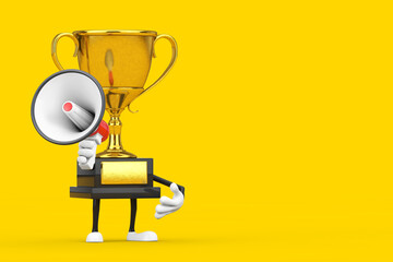 Golden Award Winner Trophy Mascot Person Character with Red Retro Megaphone. 3d Rendering