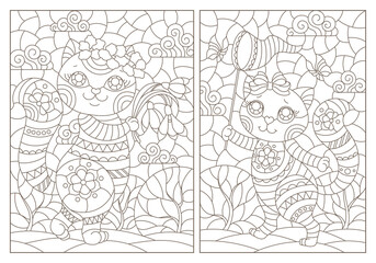 A set of contour illustrations in the stained glass style with cartoon kittens on the background of summer landscapes and the sky, rectangular images