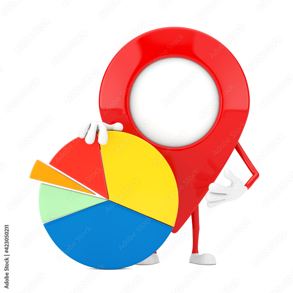 Aufkleber Map Pointer Pin Character Mascot with Info Graphics Business Pie Chart. 3d Rendering