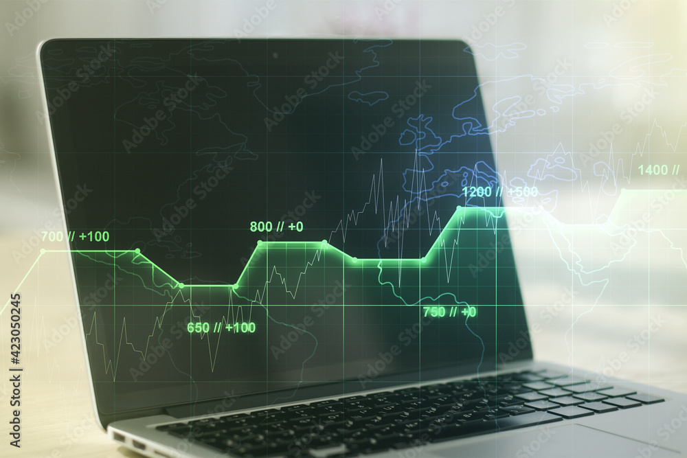 Poster multi exposure of stats data illustration on modern laptop background, computing and analytics conce