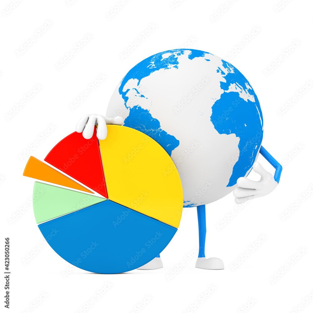Fototapete earth globe character mascot with info graphics business pie chart. 3d rendering