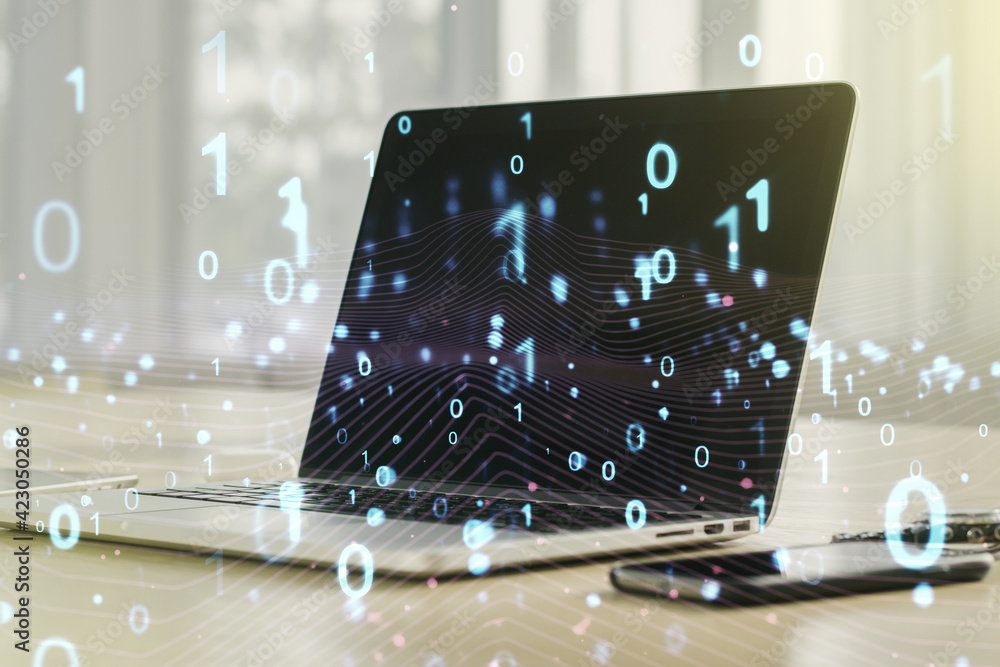 Poster creative abstract binary code hologram on modern computer background, ai and machine learning concep