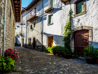 Calle con fachadas encaladas y en piedra, y decoración con macetas y flores sobre las calles empedradas en la aldea de Ansó, en los Pirineos españoles